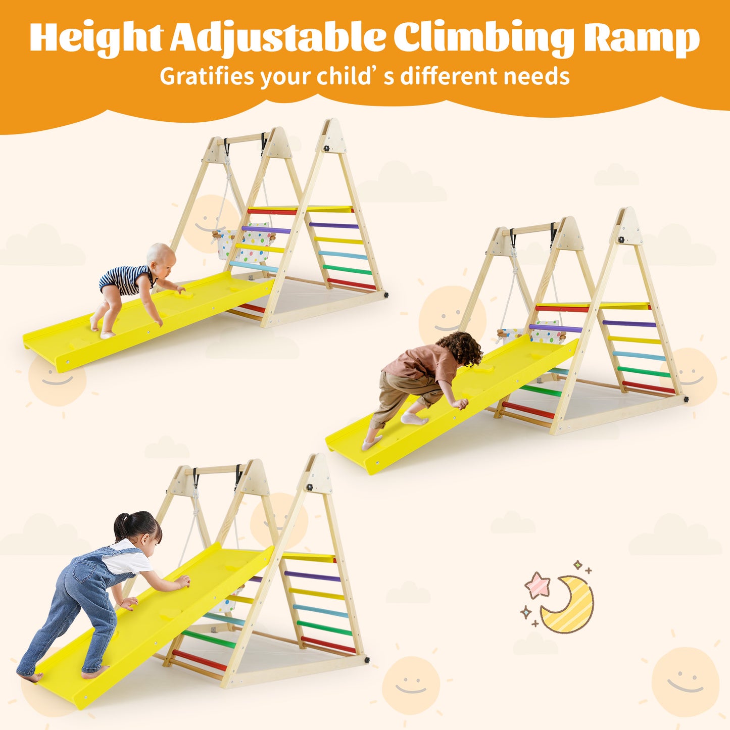 4-in-1 Kids Indoor Jungle Gym Playground with Baby Swing and Climbing Ramp-Multicolour