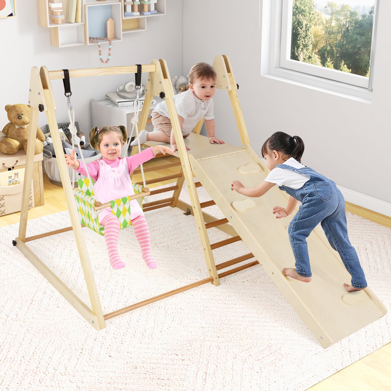4-in-1 Kids Indoor Jungle Gym Playground with Baby Swing and Climbing Ramp-Natural