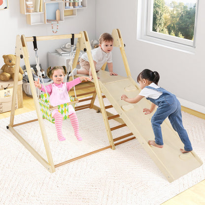4-in-1 Kids Indoor Jungle Gym Playground with Baby Swing and Climbing Ramp-Natural