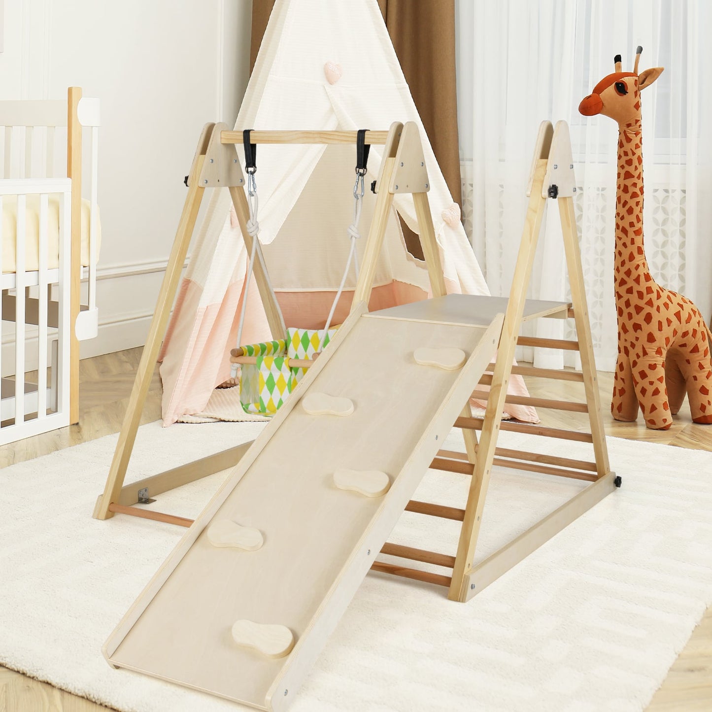 4-in-1 Kids Indoor Jungle Gym Playground with Baby Swing and Climbing Ramp-Natural