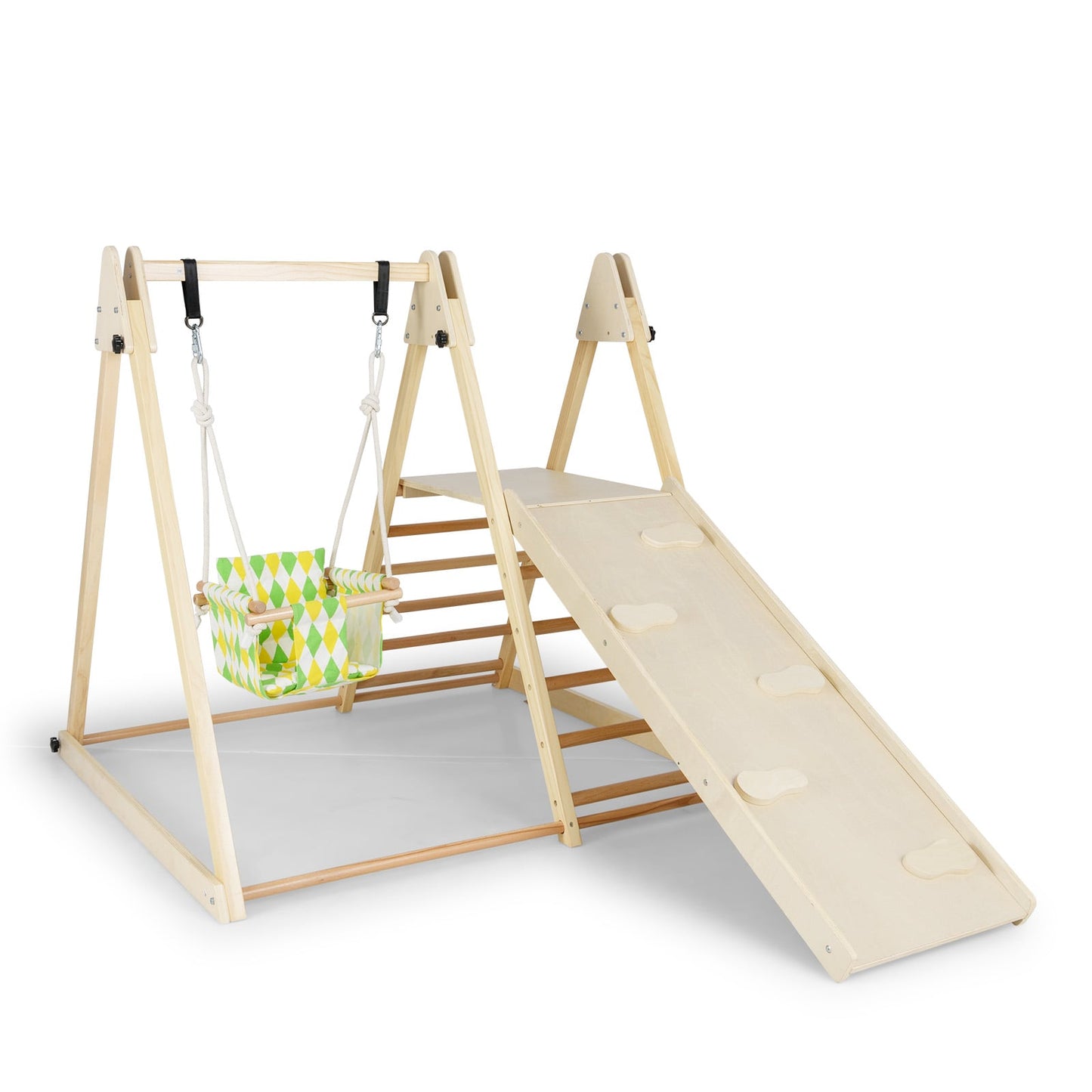 4-in-1 Kids Indoor Jungle Gym Playground with Baby Swing and Climbing Ramp-Natural