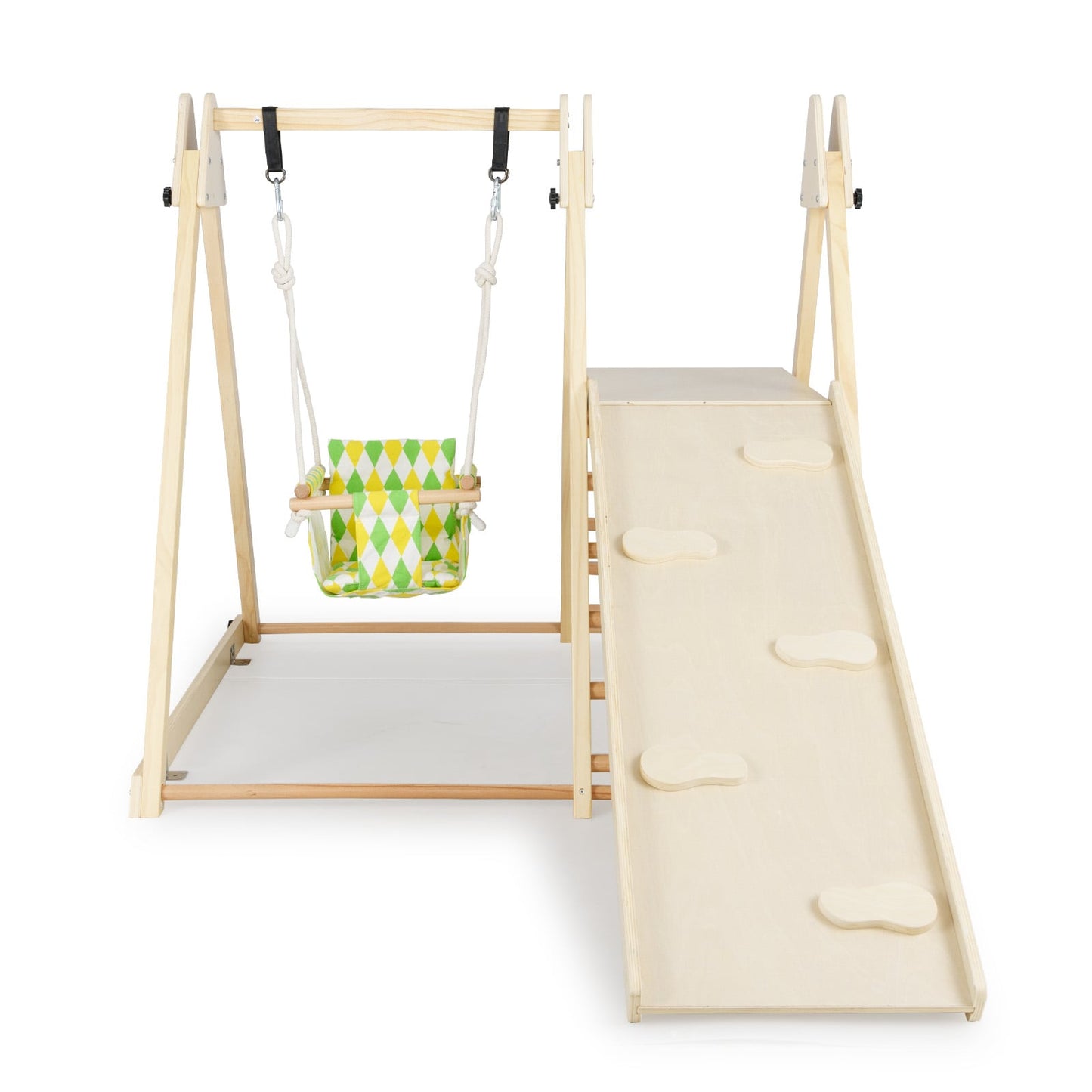 4-in-1 Kids Indoor Jungle Gym Playground with Baby Swing and Climbing Ramp-Natural