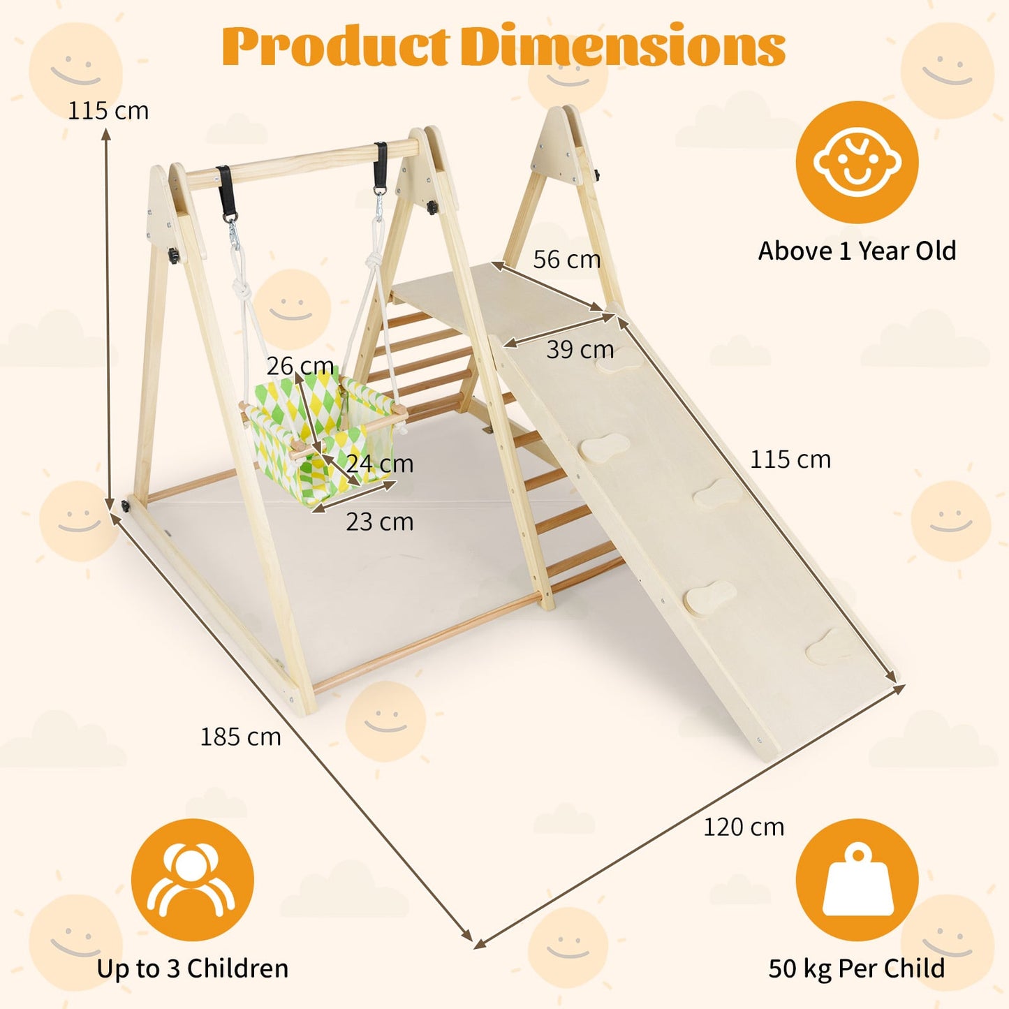 4-in-1 Kids Indoor Jungle Gym Playground with Baby Swing and Climbing Ramp-Natural