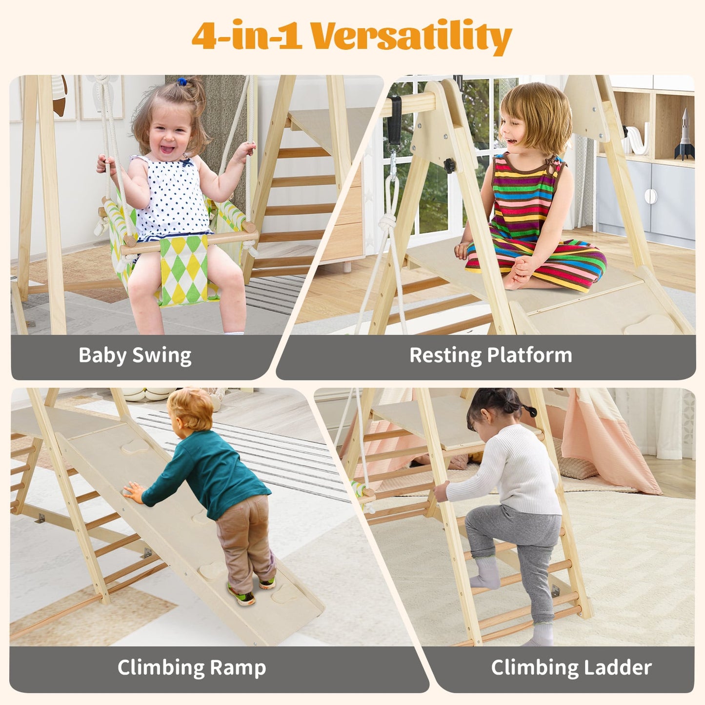 4-in-1 Kids Indoor Jungle Gym Playground with Baby Swing and Climbing Ramp-Natural