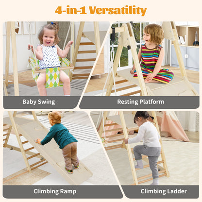 4-in-1 Kids Indoor Jungle Gym Playground with Baby Swing and Climbing Ramp-Natural