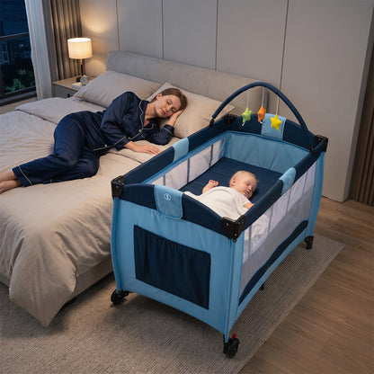 4 in 1 Pack and Play Foldable and Portable Baby Playard with Diaper Changing Table and 3 Hanging Toys-Blue
