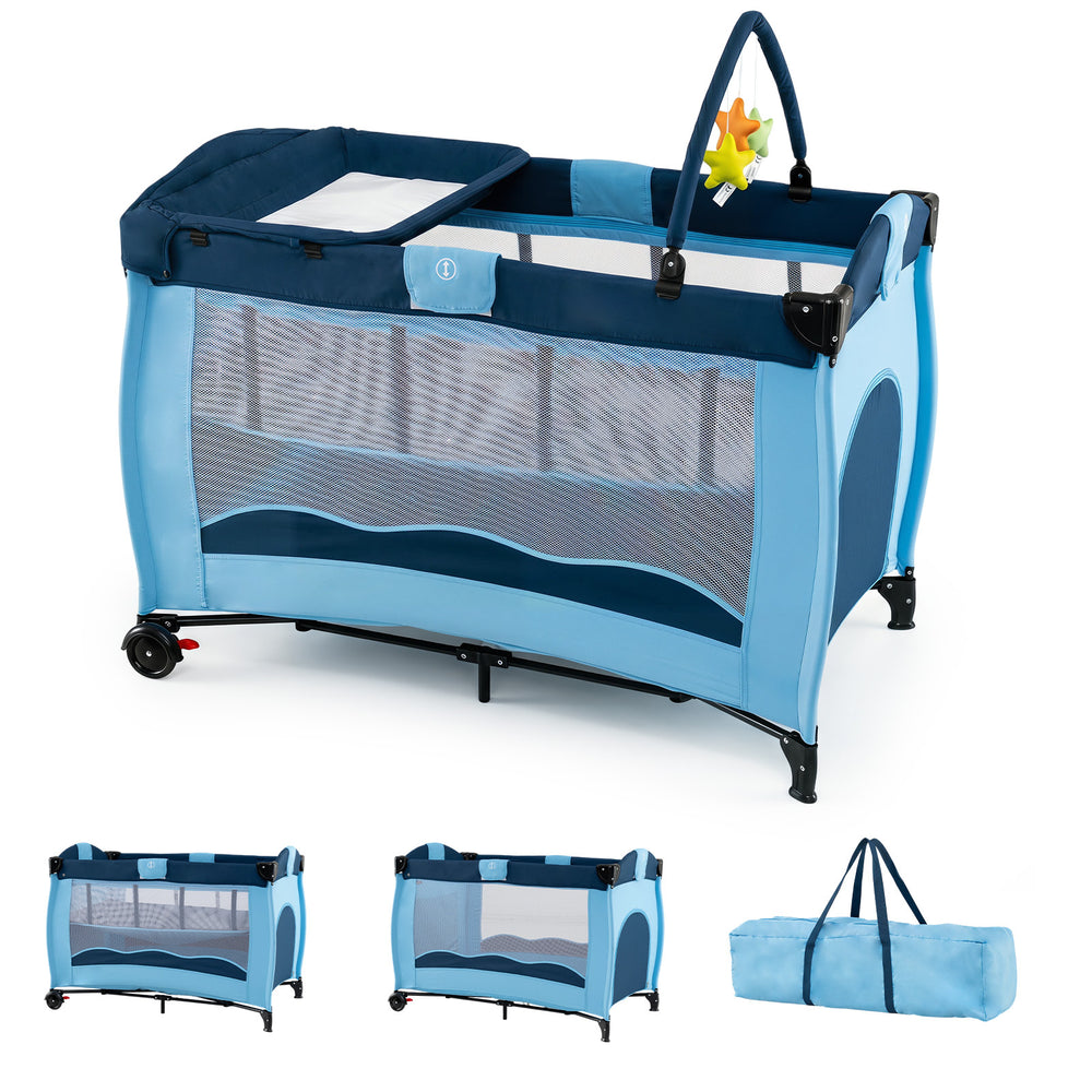 4 in 1 Pack and Play Foldable and Portable Baby Playard with Diaper Changing Table and 3 Hanging Toys-Blue