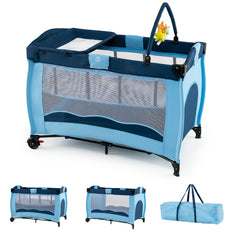 4 in 1 Pack and Play Foldable and Portable Baby Playard with Diaper Changing Table and 3 Hanging Toys-Blue