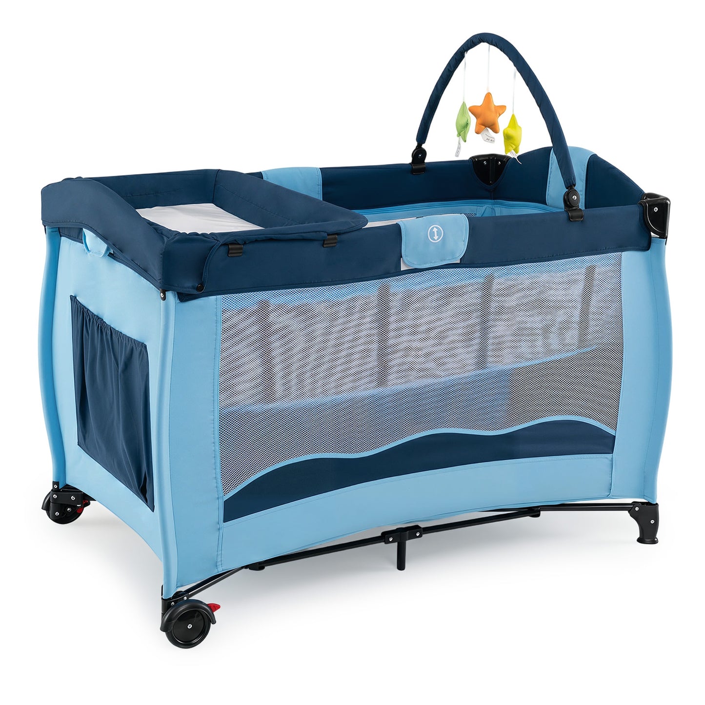 4 in 1 Pack and Play Foldable and Portable Baby Playard with Diaper Changing Table and 3 Hanging Toys-Blue