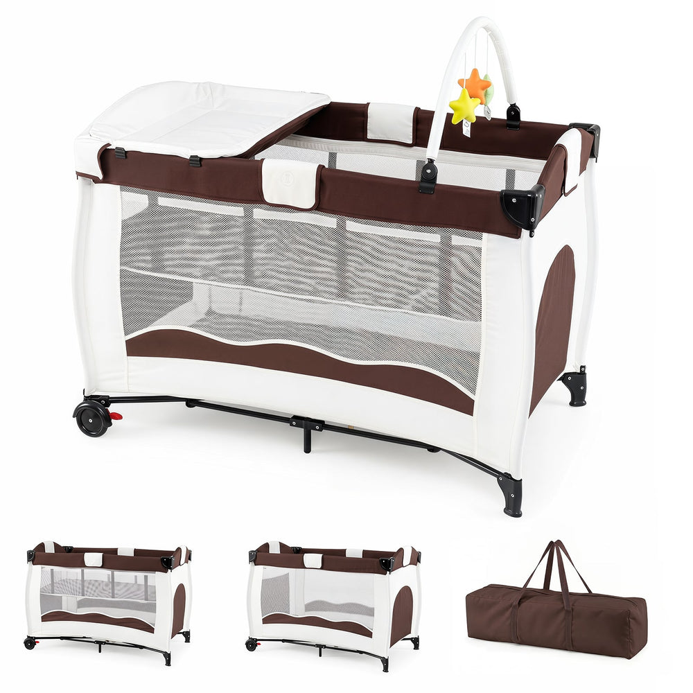 4 in 1 Pack and Play Foldable and Portable Baby Playard with Diaper Changing Table and 3 Hanging Toys-Brown