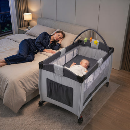 4 in 1 Pack and Play Foldable and Portable Baby Playard with Diaper Changing Table and 3 Hanging Toys-Grey