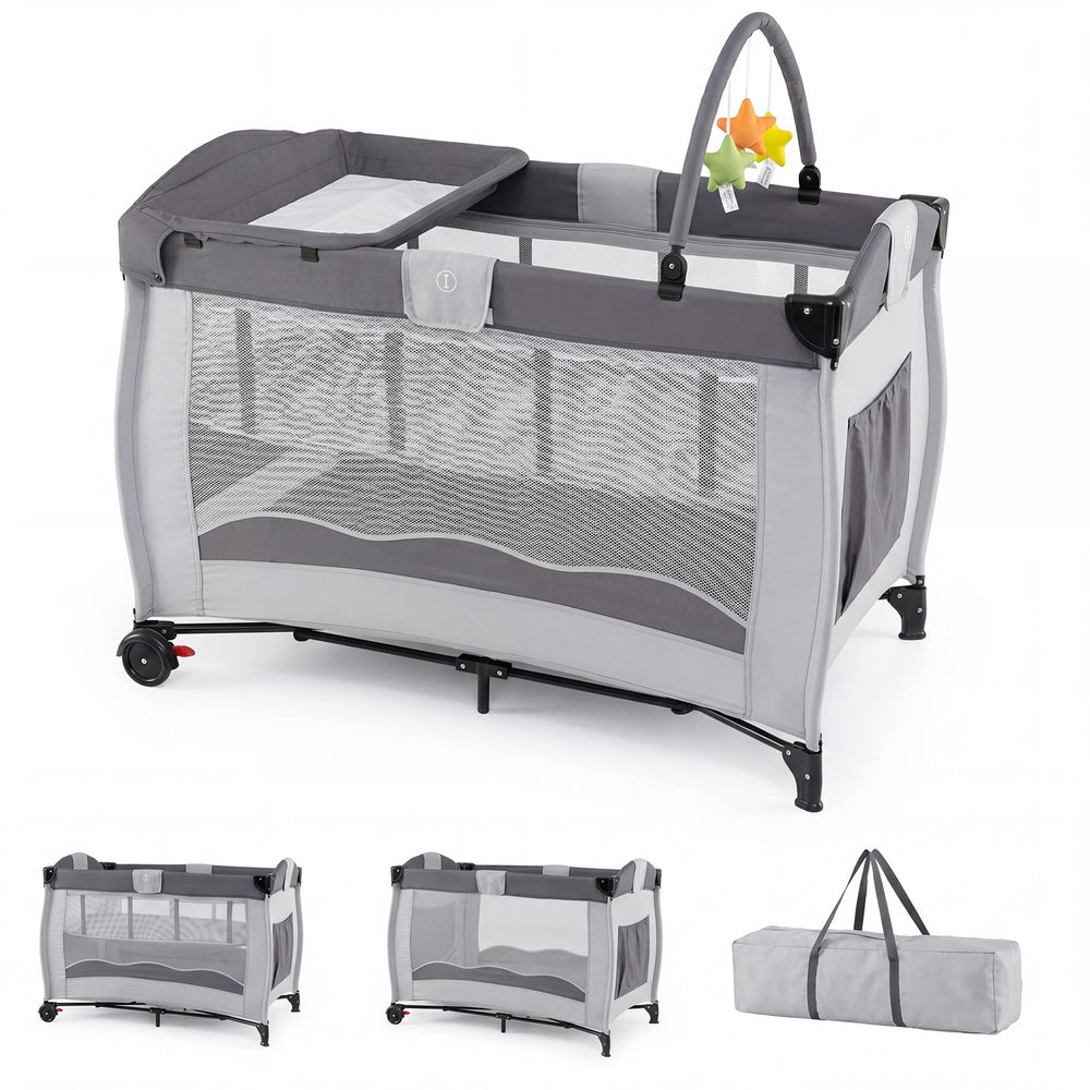 4 in 1 Pack and Play Foldable and Portable Baby Playard with Diaper Changing Table and 3 Hanging Toys-Grey
