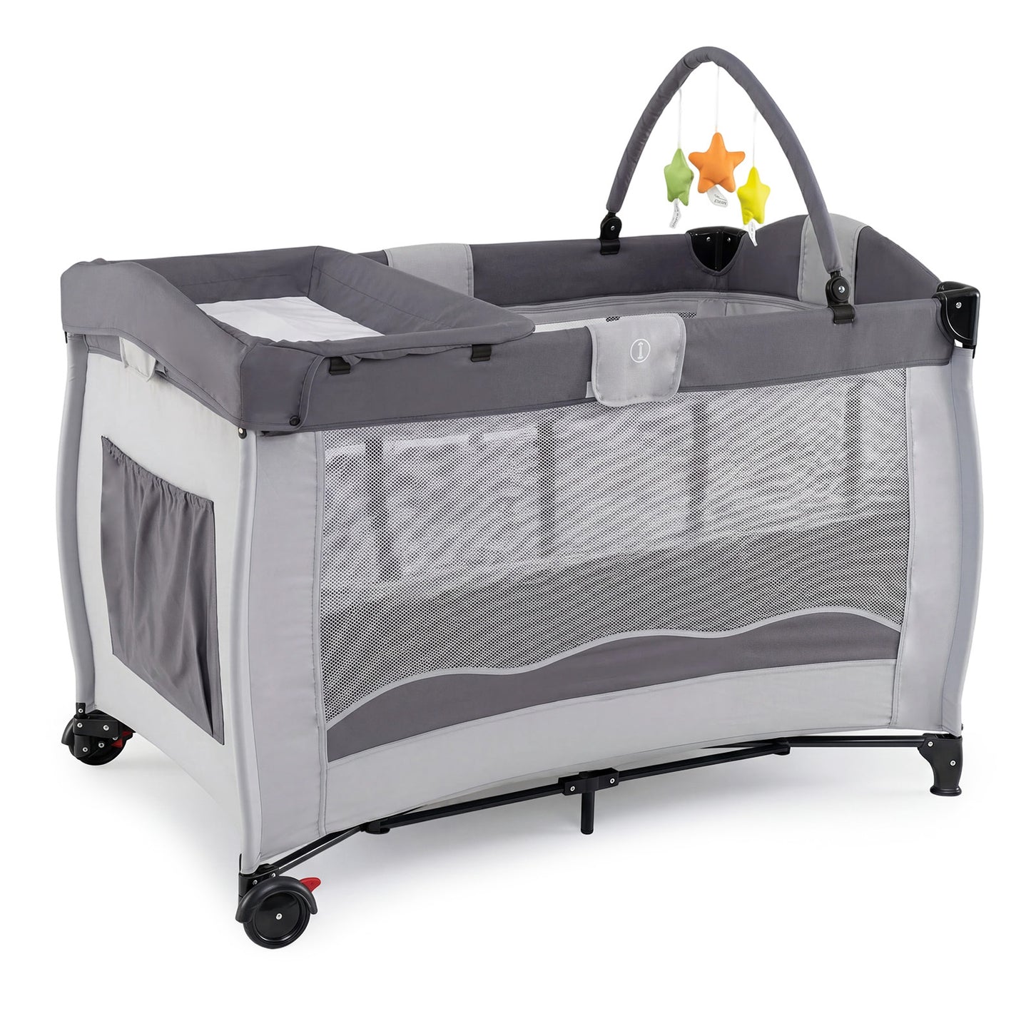 4 in 1 Pack and Play Foldable and Portable Baby Playard with Diaper Changing Table and 3 Hanging Toys-Grey