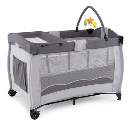 4 in 1 Pack and Play Foldable and Portable Baby Playard with Diaper Changing Table and 3 Hanging Toys-Grey