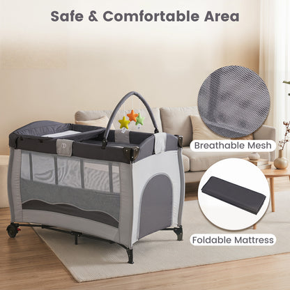4 in 1 Pack and Play Foldable and Portable Baby Playard with Diaper Changing Table and 3 Hanging Toys-Grey