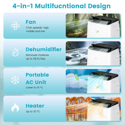 4-in-1 Portable Air Conditioner with Multi-Speed Fan and Remote Control-White