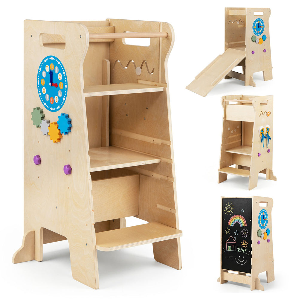 4-in-1 Toddler Tower with Chalkboard Slide and Montessori Games