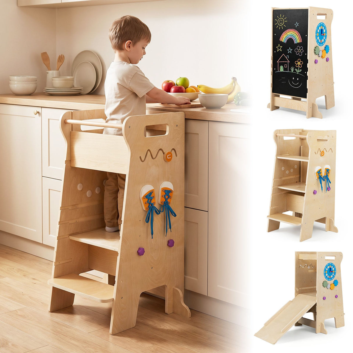 4-in-1 Toddler Tower with Chalkboard Slide and Montessori Games