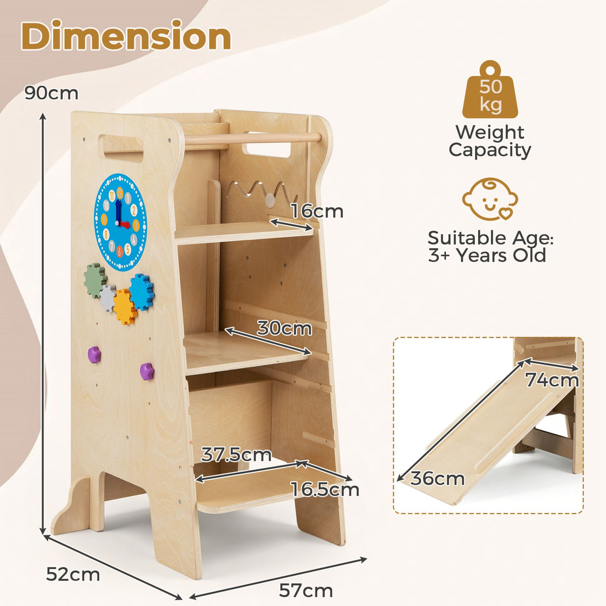 4-in-1 Toddler Tower with Chalkboard Slide and Montessori Games