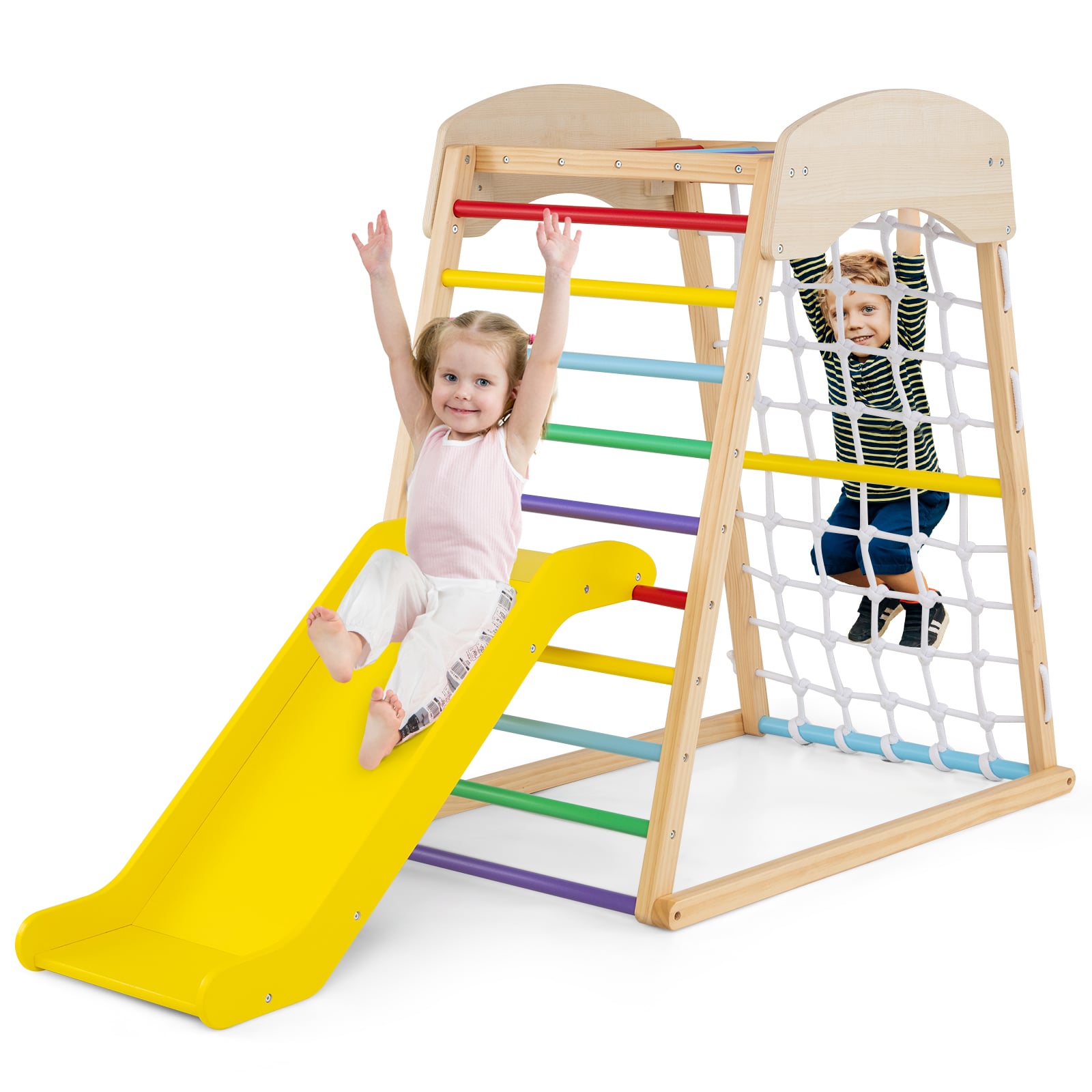 4-in-1 Jungle Gym Wooden Indoor Toddler Playground with Slide-Colourful