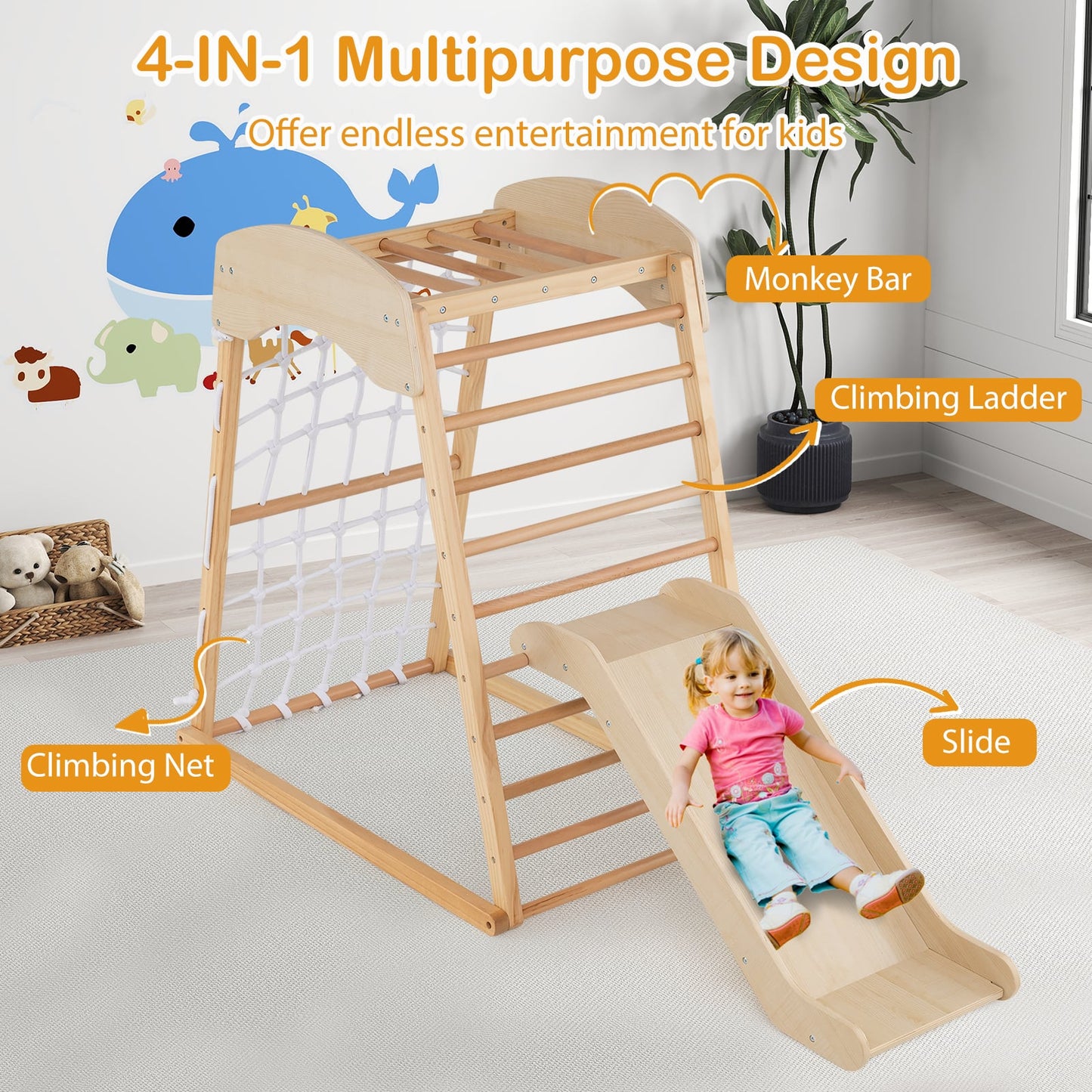 4-in-1 Jungle Gym Wooden Indoor Toddler Playground with Slide-Natural