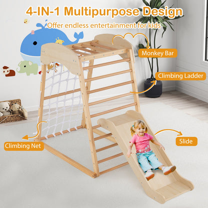 4-in-1 Jungle Gym Wooden Indoor Toddler Playground with Slide-Natural