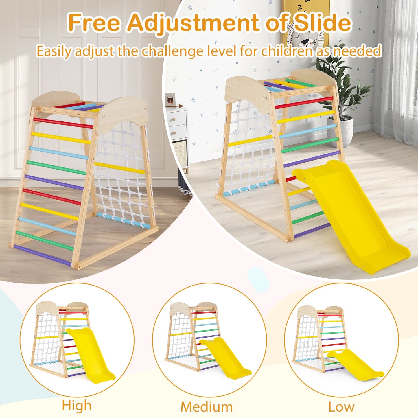 4-in-1 Jungle Gym Wooden Indoor Toddler Playground with Slide-Colourful