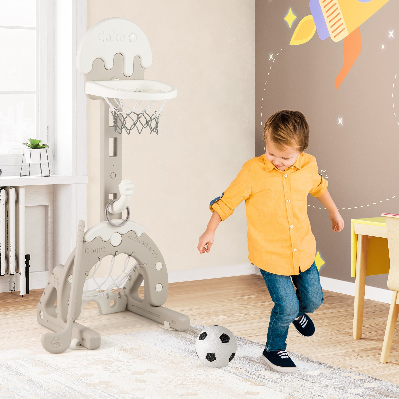 4-in-1 Kids Activity Center with Hoop Football Goal Golf and Ring Toss-Grey