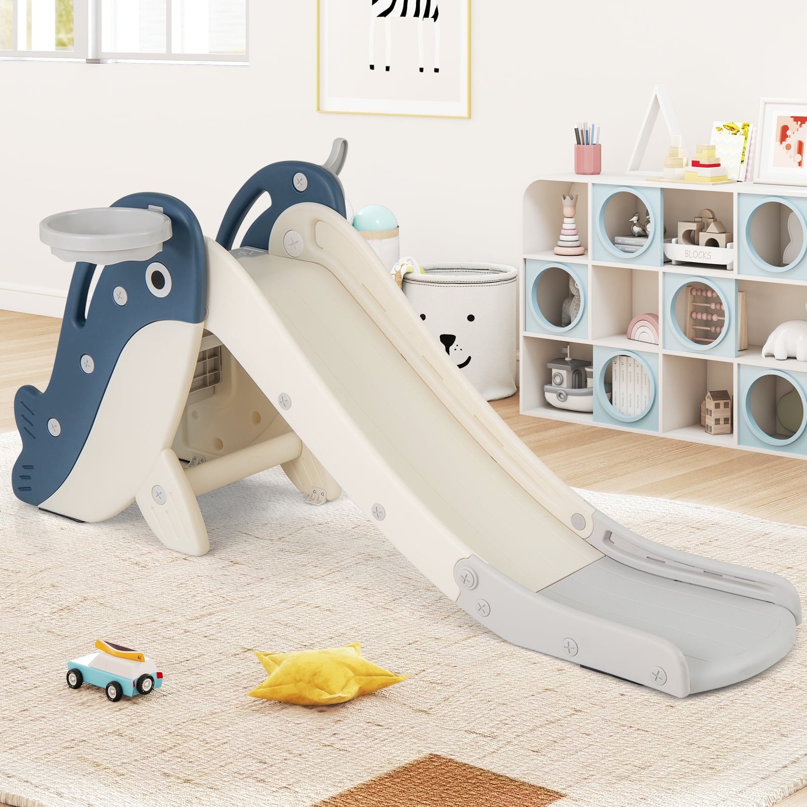4-in-1 Toddler Slide with Basketball Hoop and Space-saving Folding Design-Blue