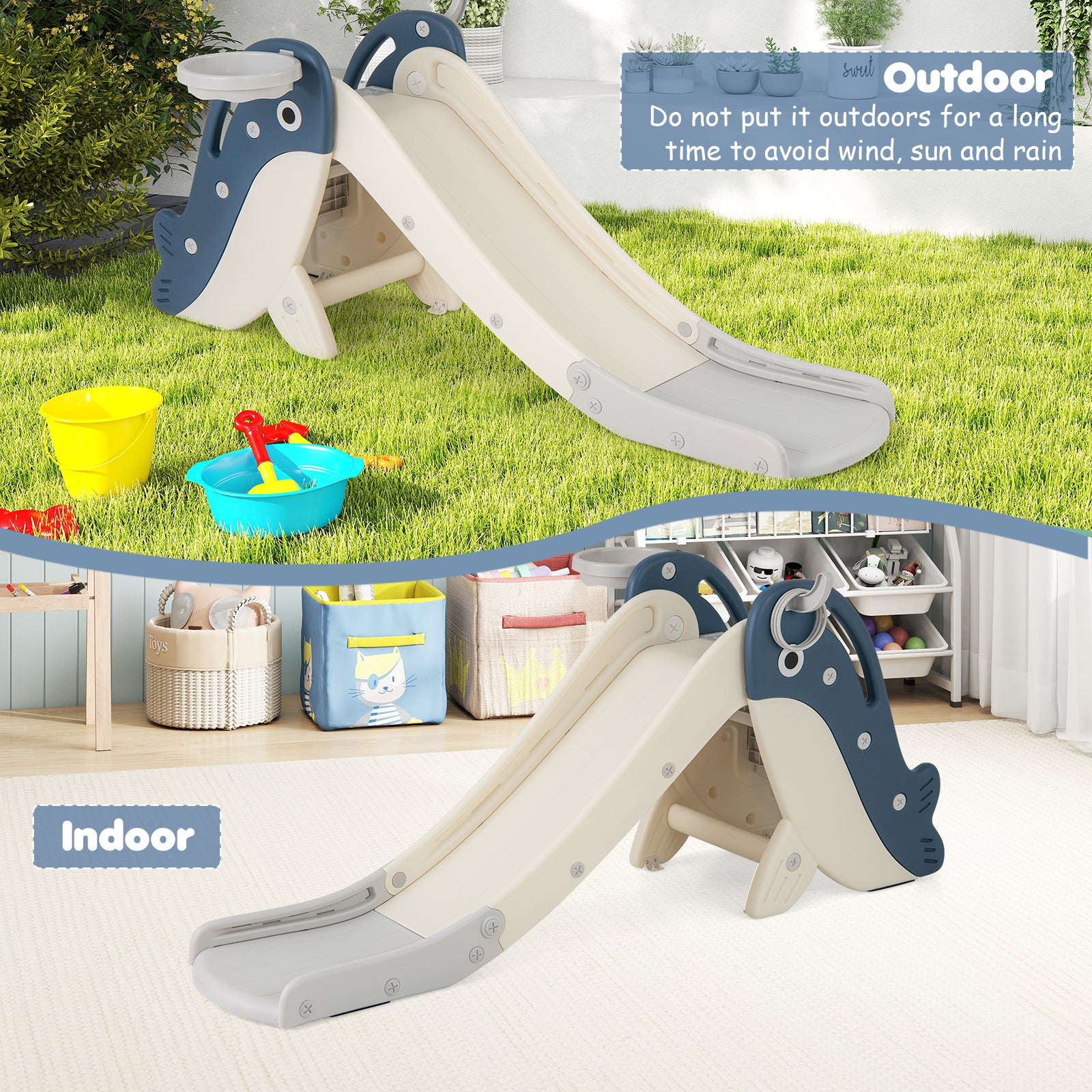 4-in-1 Toddler Slide with Basketball Hoop and Space-saving Folding Design-Blue