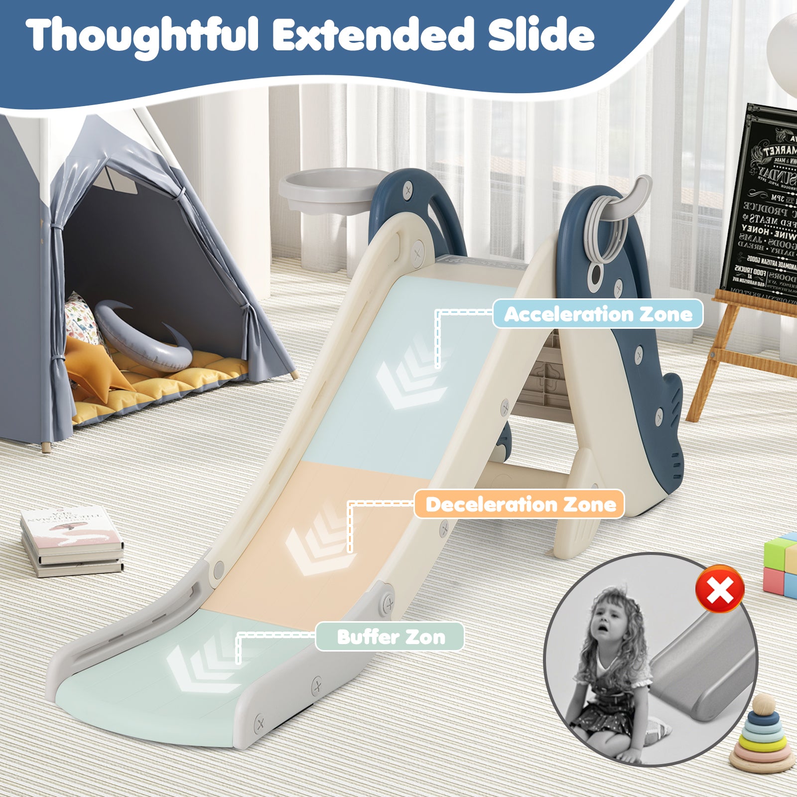 4-in-1 Toddler Slide with Basketball Hoop and Space-saving Folding Design-Blue