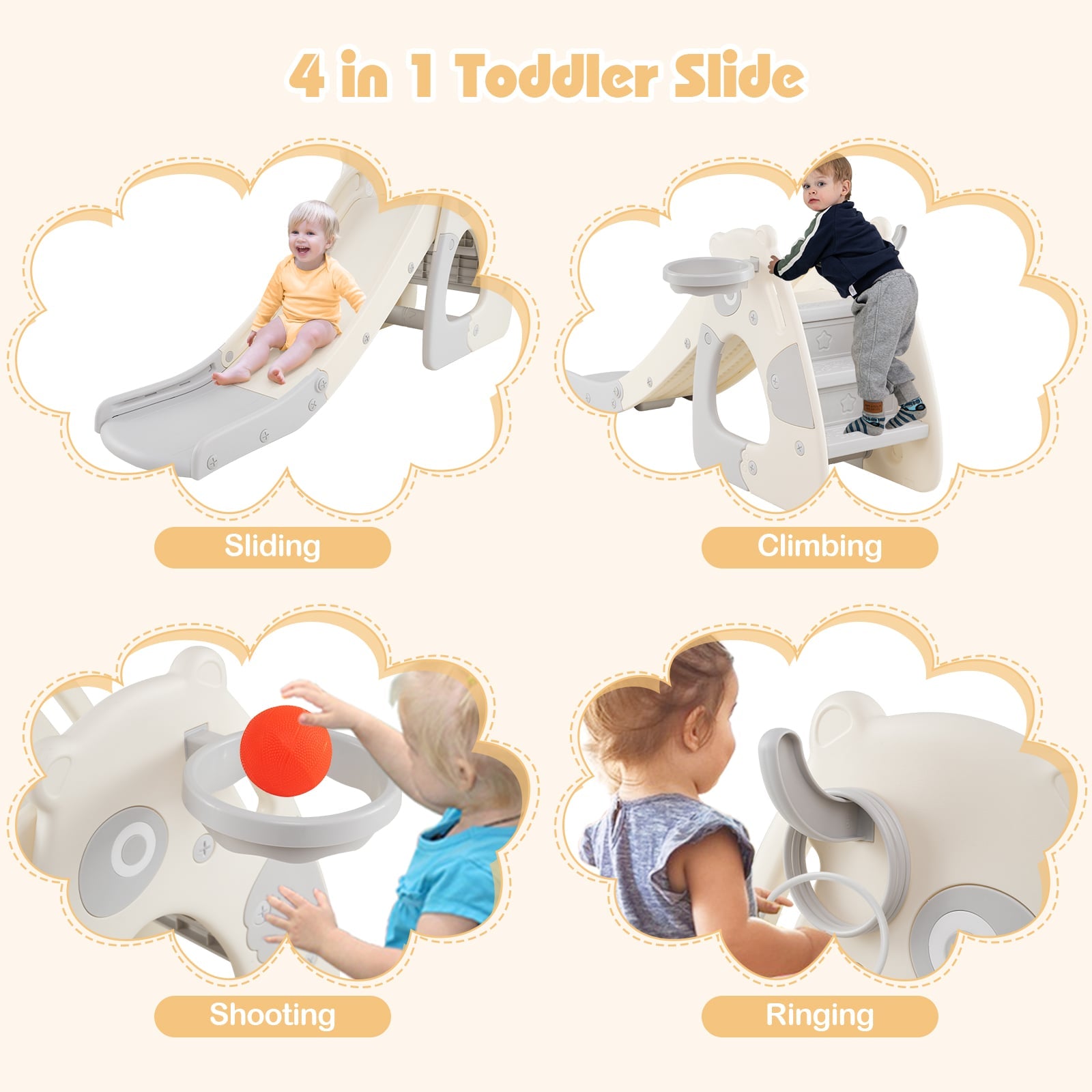 Foldable Toddler Slide with Basketball Hoop and Ball-Grey