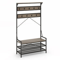 4-In-1 Coat Rack with 11 Hanging Hooks and Shoe Bench for Mudroom-Grey