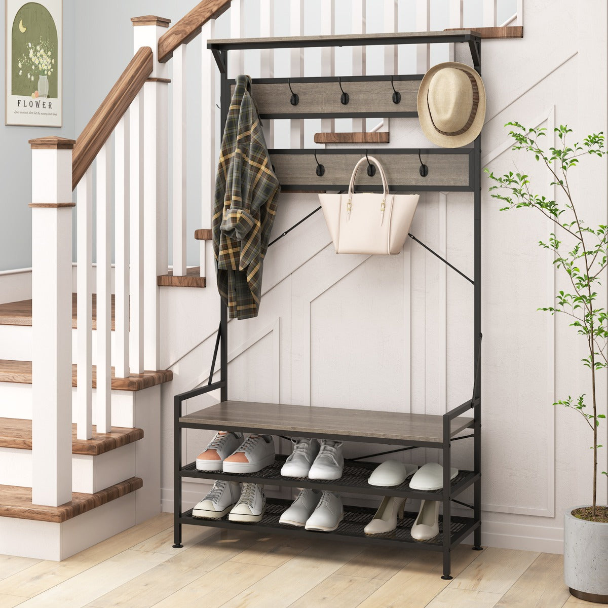 4-In-1 Coat Rack with 11 Hanging Hooks and Shoe Bench for Mudroom-Grey