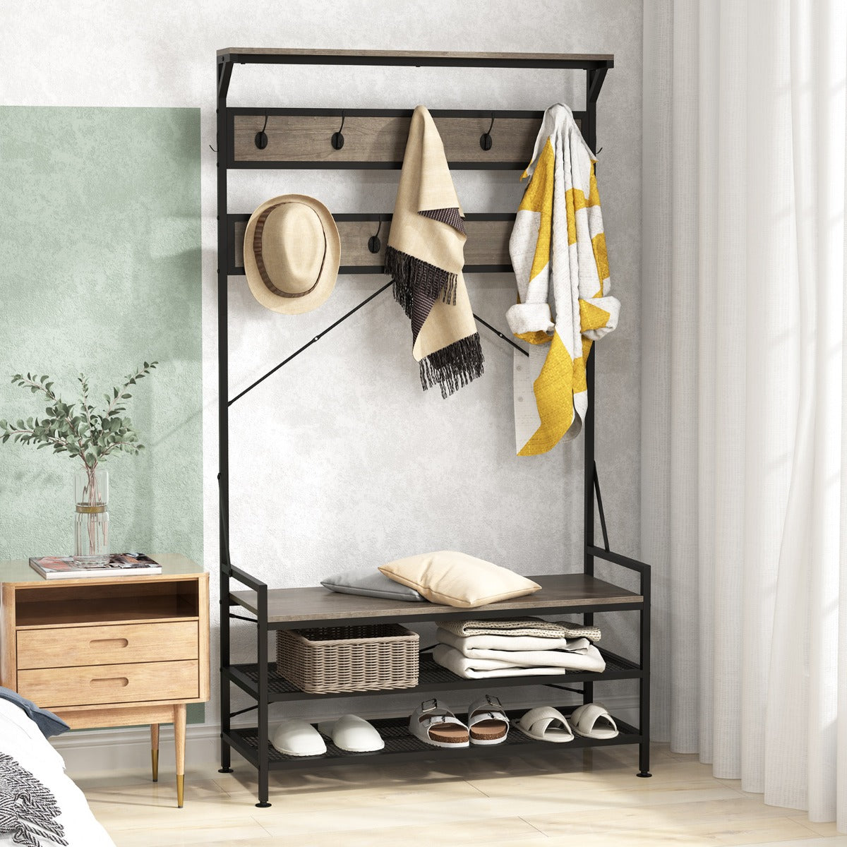 4-In-1 Coat Rack with 11 Hanging Hooks and Shoe Bench for Mudroom-Grey