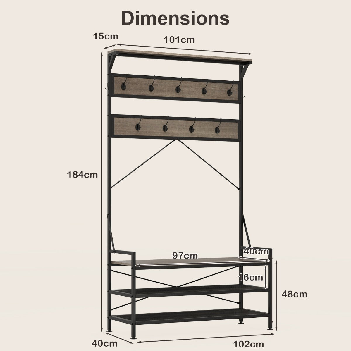 4-In-1 Coat Rack with 11 Hanging Hooks and Shoe Bench for Mudroom-Grey