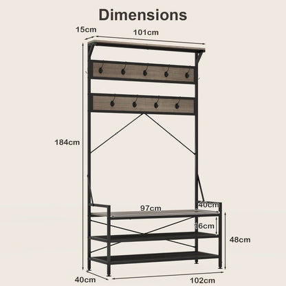 4-In-1 Coat Rack with 11 Hanging Hooks and Shoe Bench for Mudroom-Grey