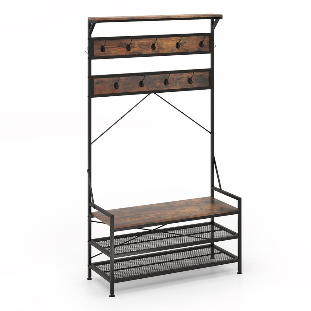 4-In-1 Coat Rack with 11 Hanging Hooks and Shoe Bench for Mudroom-Rustic Brown