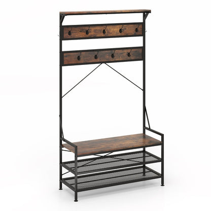 4-In-1 Coat Rack with 11 Hanging Hooks and Shoe Bench for Mudroom-Rustic Brown