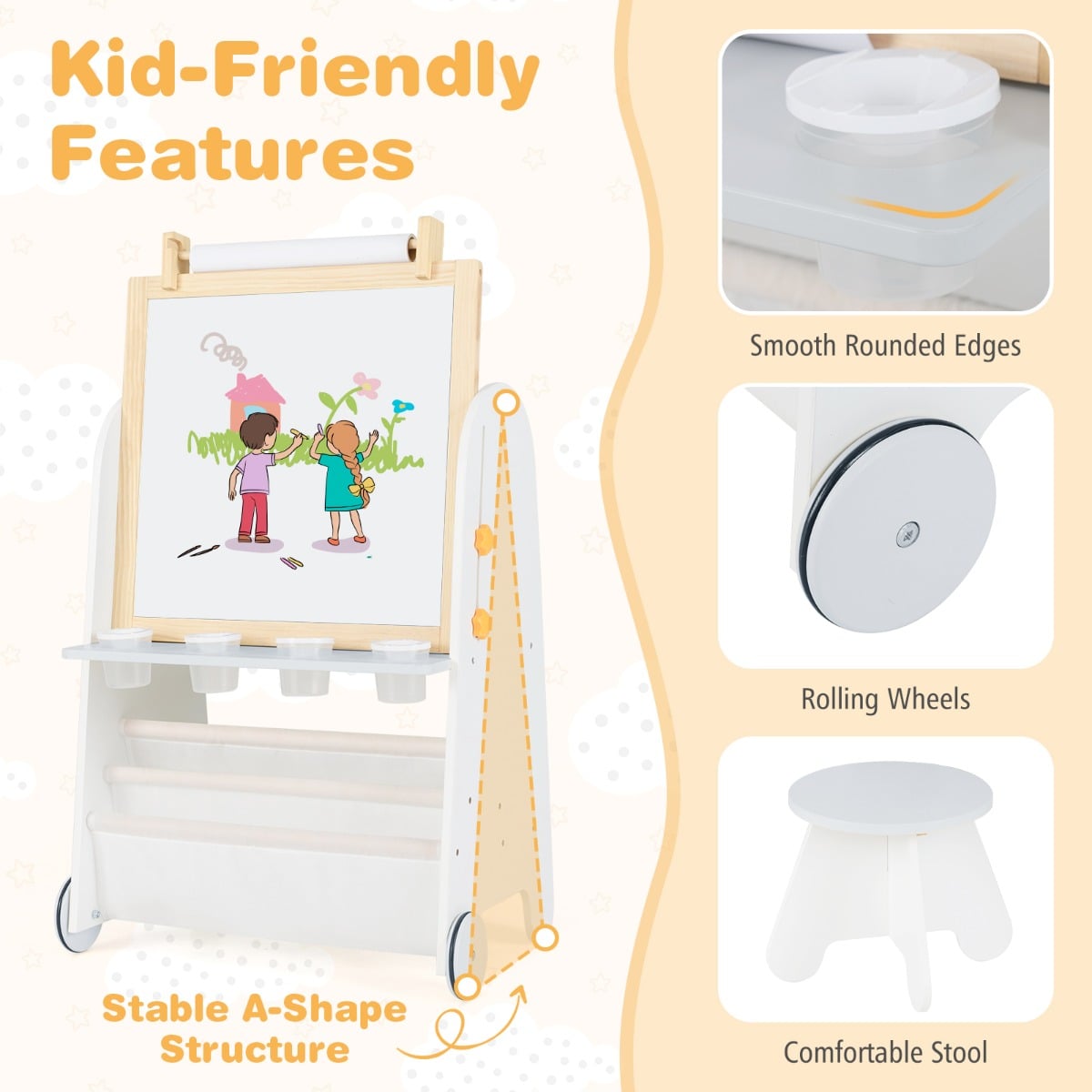 4-in-1 Toddler Activity Table Set with Magnetic Whiteboard and Bookshelves-Grey