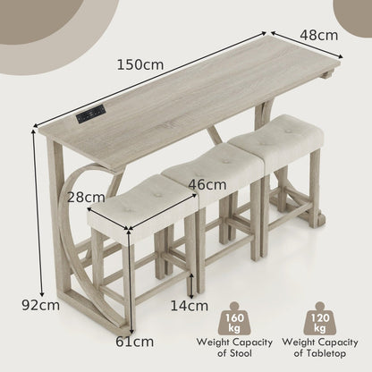 4-Piece Height Bistro Table and Saddle Seat Stools with Power Outlet-Grey