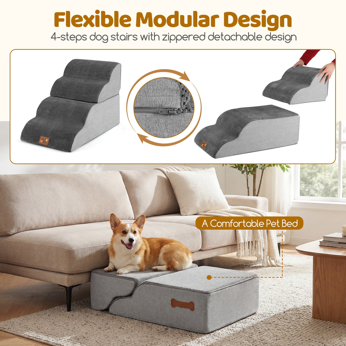 4-step Dog Foam Stairs for High Bed Sofa Couch Transformative High-density Pet Ramp