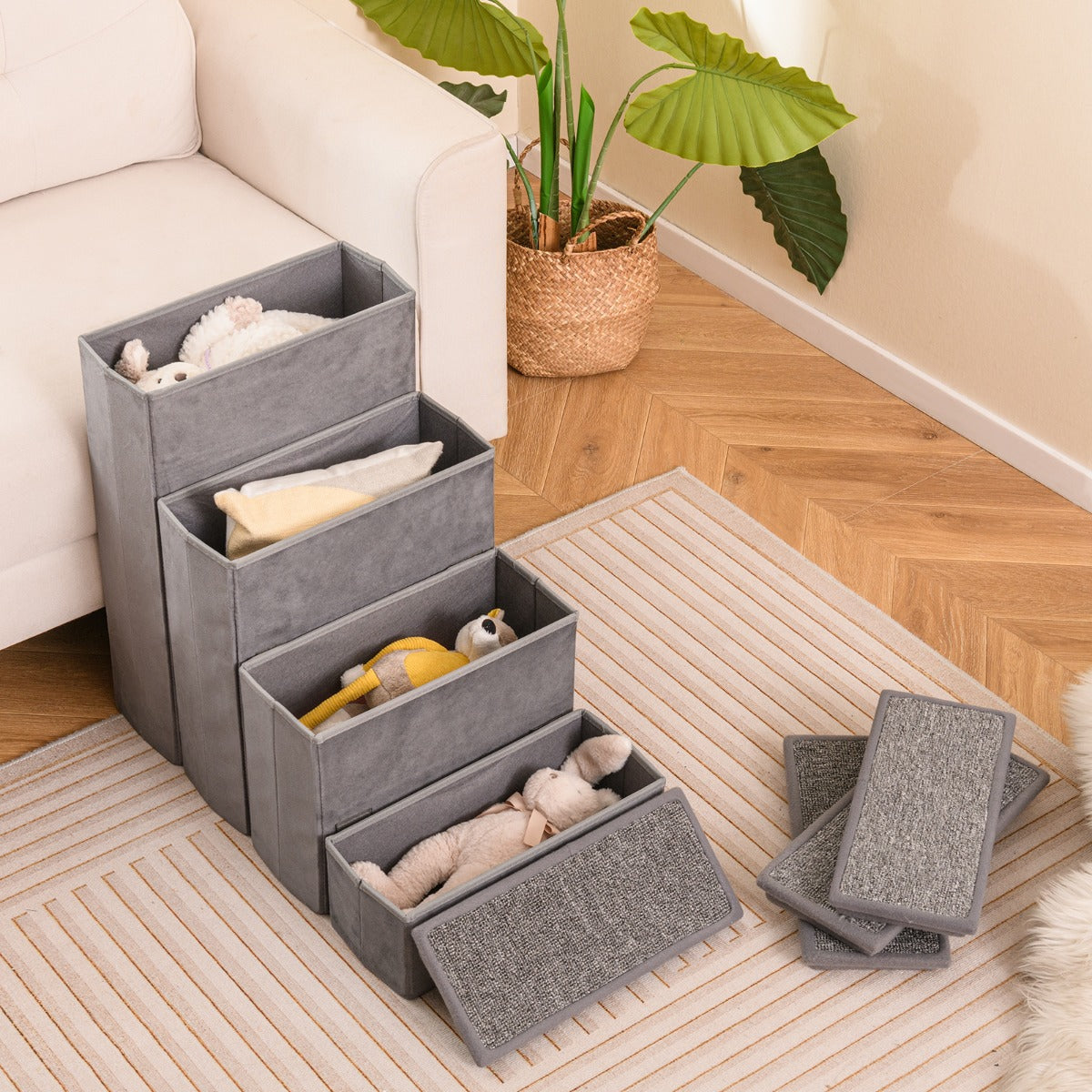 4-Step Non-slip Foldable Dog Ramp with Adjustable Steps-Grey