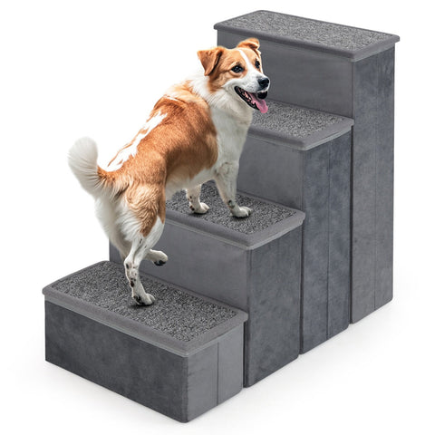 4-Step Non-slip Foldable Dog Ramp with Adjustable Steps-Grey