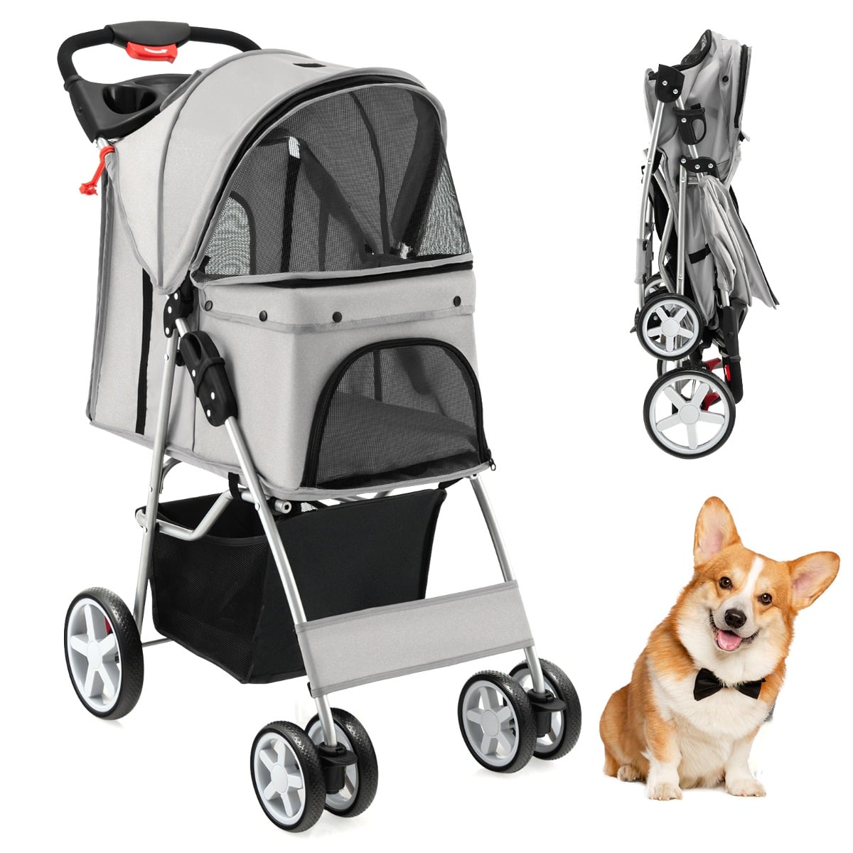4-Wheel Folding Pet Stroller with Storage Basket and Adjustable Canopy-Grey