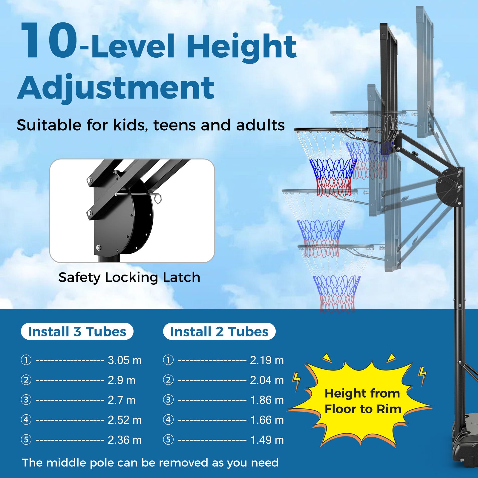 Adjustable Basketball Hoop 2.36-3.05M with Shatterproof Backboard and Weight Bag