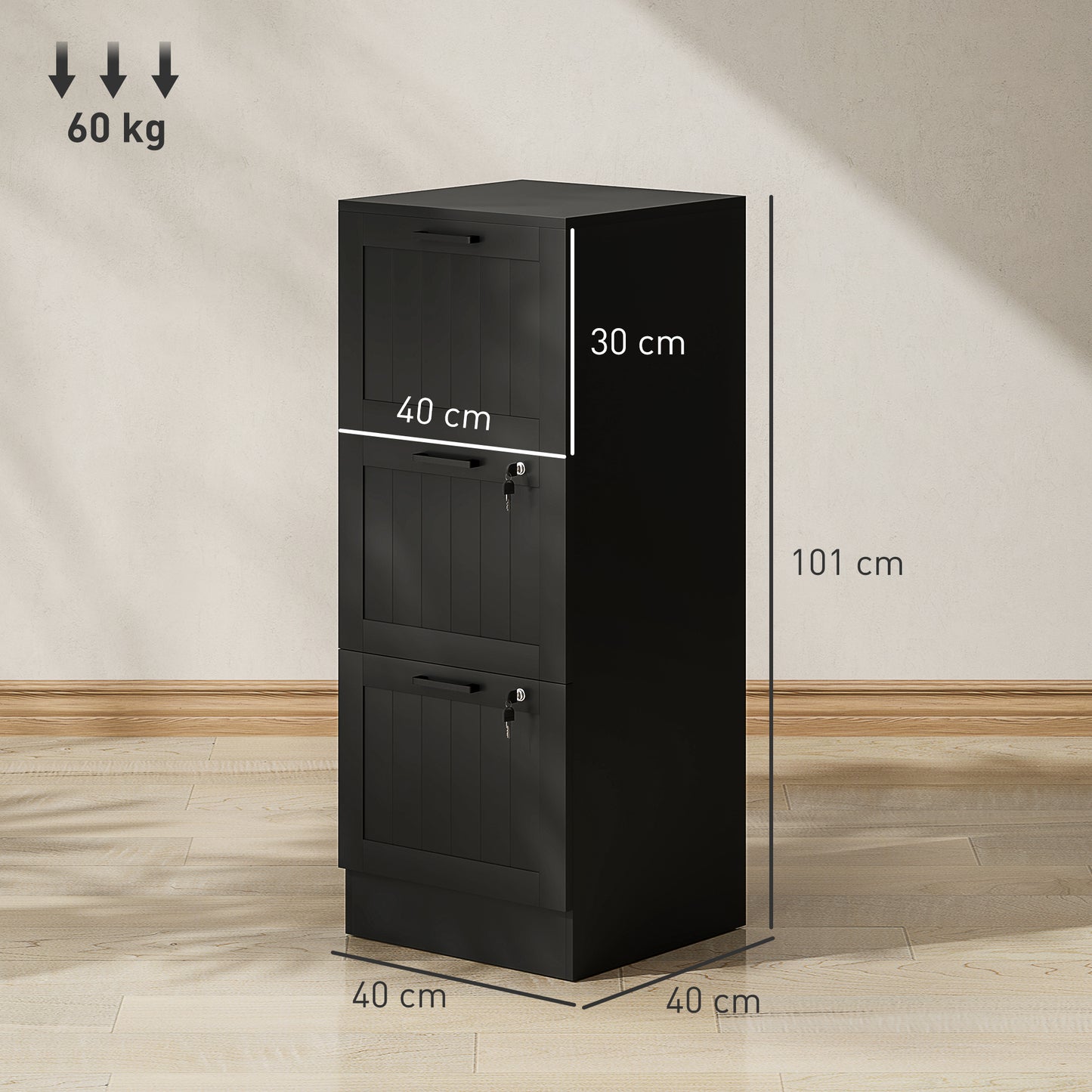 HOMCOM 3 Drawer Filing Cabinet with Lock, Office Storage Cabinet with Adjustable Hanging Bars for A4 Letter Size Files, Black