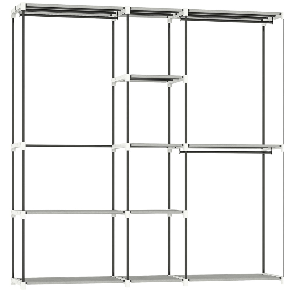 HOMCOM Portable Wardrobe, Open Clothes Wardrobe with 8 Shelves, 3 Hanging Rails, Light Grey