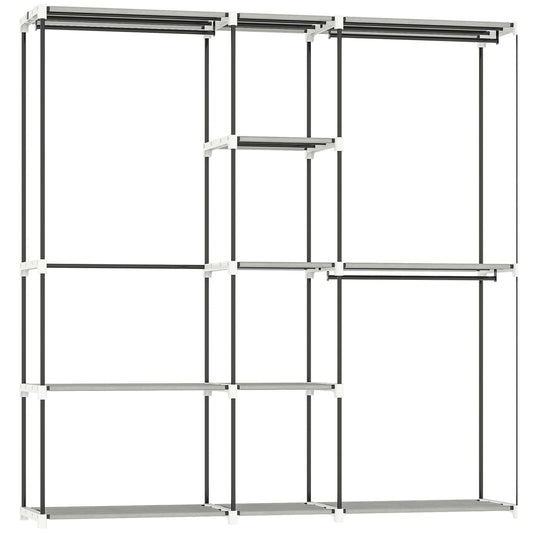 HOMCOM Portable Wardrobe, Open Clothes Wardrobe with 8 Shelves, 3 Hanging Rails, Light Grey
