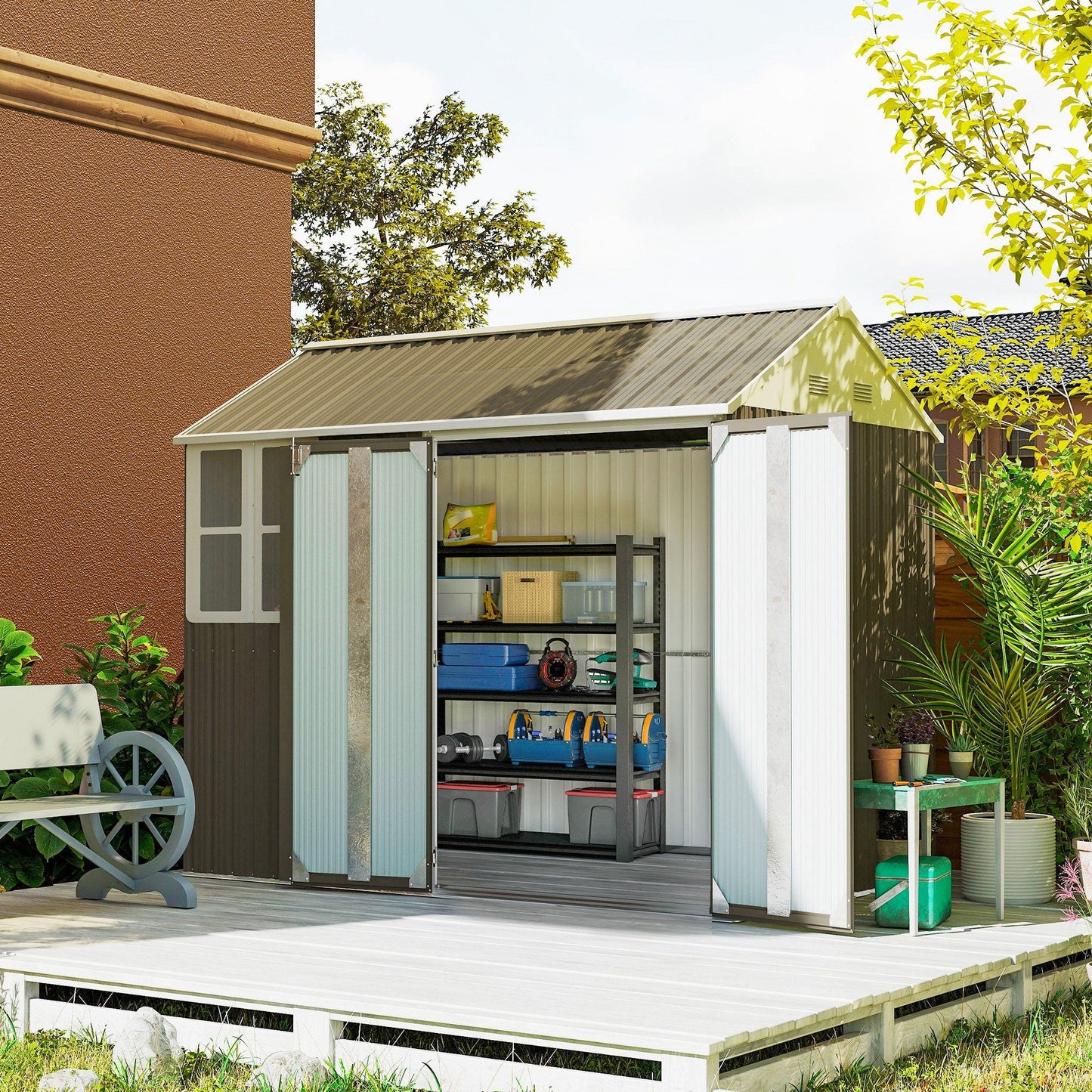 Outsunny 8 x 6 ft Galvanised Garden Shed, Outsoor Metal Storage Shed with Double Doors Window Air Vents for Patio, Lawn, Grey